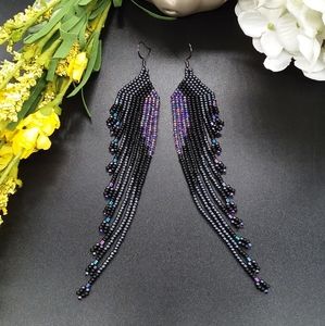 Oil Slick Angel Wing Beaded Fringe Earrings